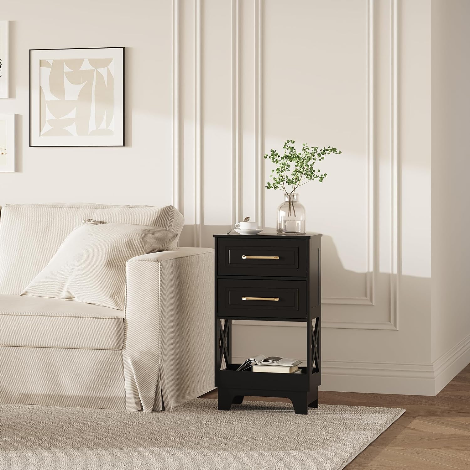 Tall Nightstand Set of 2 Side Table with 2 Drawers Modern Night Stand Wooden End Table Bedside Table with Below Open Shelf Solid Feet for Bedroom Black