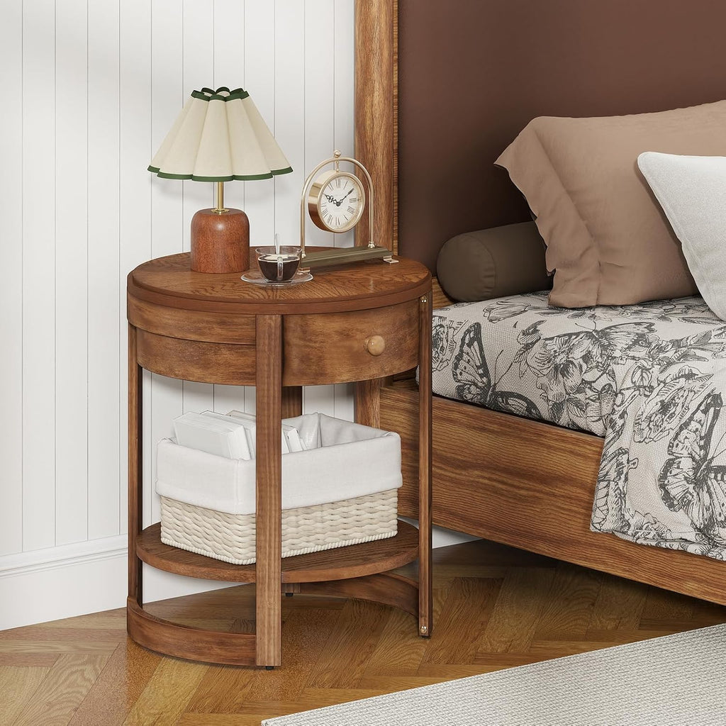 Giantex Round Side Table Set of 2, 2-Tier Wooden End Table with Drawer and Shelf, Vintage Wood Grain Finish, Retro Circle Night Stand for Living Room Bedroom, Walnut