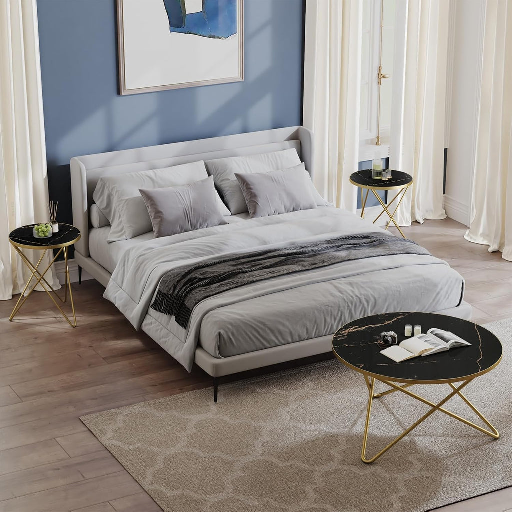 HLR Modern Round Coffee Table and Side Table Set of 3,End Table with Faux Marble Top and Gold Metal Frame, Side Table for Living Room, Bedroom, Sofa and Couch, Gold Legs, Black Marble Top