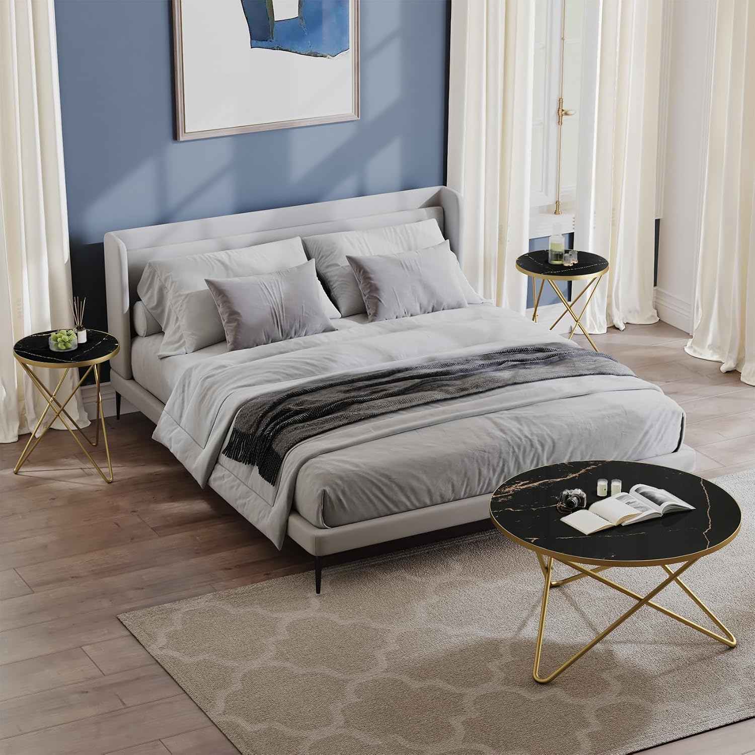 HLR Modern Round Coffee Table and Side Table Set of 3,End Table with Faux Marble Top and Gold Metal Frame, Side Table for Living Room, Bedroom, Sofa and Couch, Gold Legs, Black Marble Top