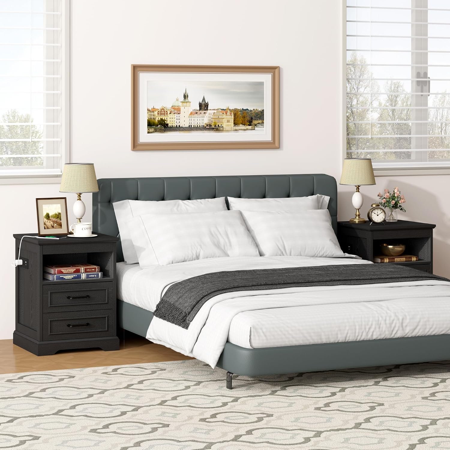 Gadroad 18' Farmhouse Accent Nightstand with Charging Station, End Table with 3 Drawers Storage, Side Table, Bedside Cabinet for LivingRoom Bedroom Office, Black