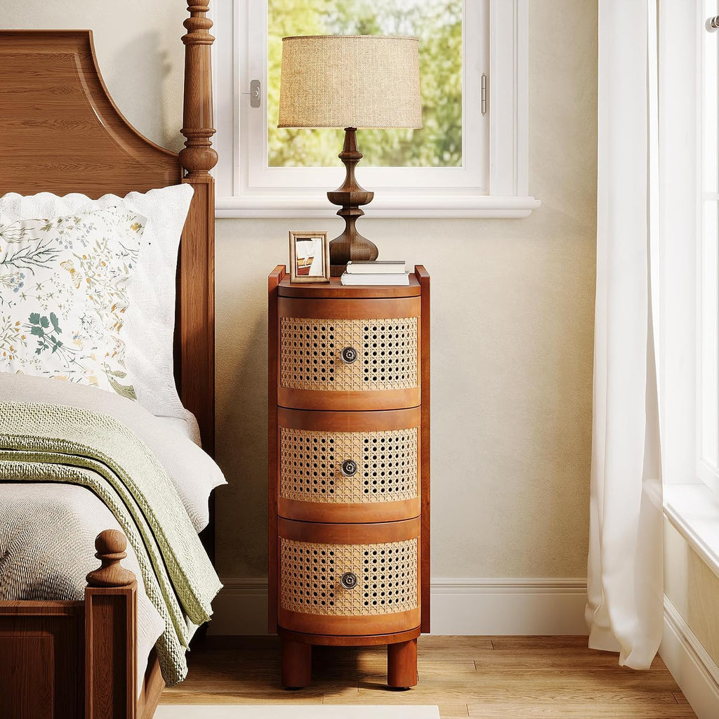 Tribesigns 3-Drawer Rattan End Table, Sofa Side Table with Vintage Embossed Handles, Slim Nightstand for Living Room, Bedroom, Finished Back, No Assembly (Walnut & Oak, 1 PC)