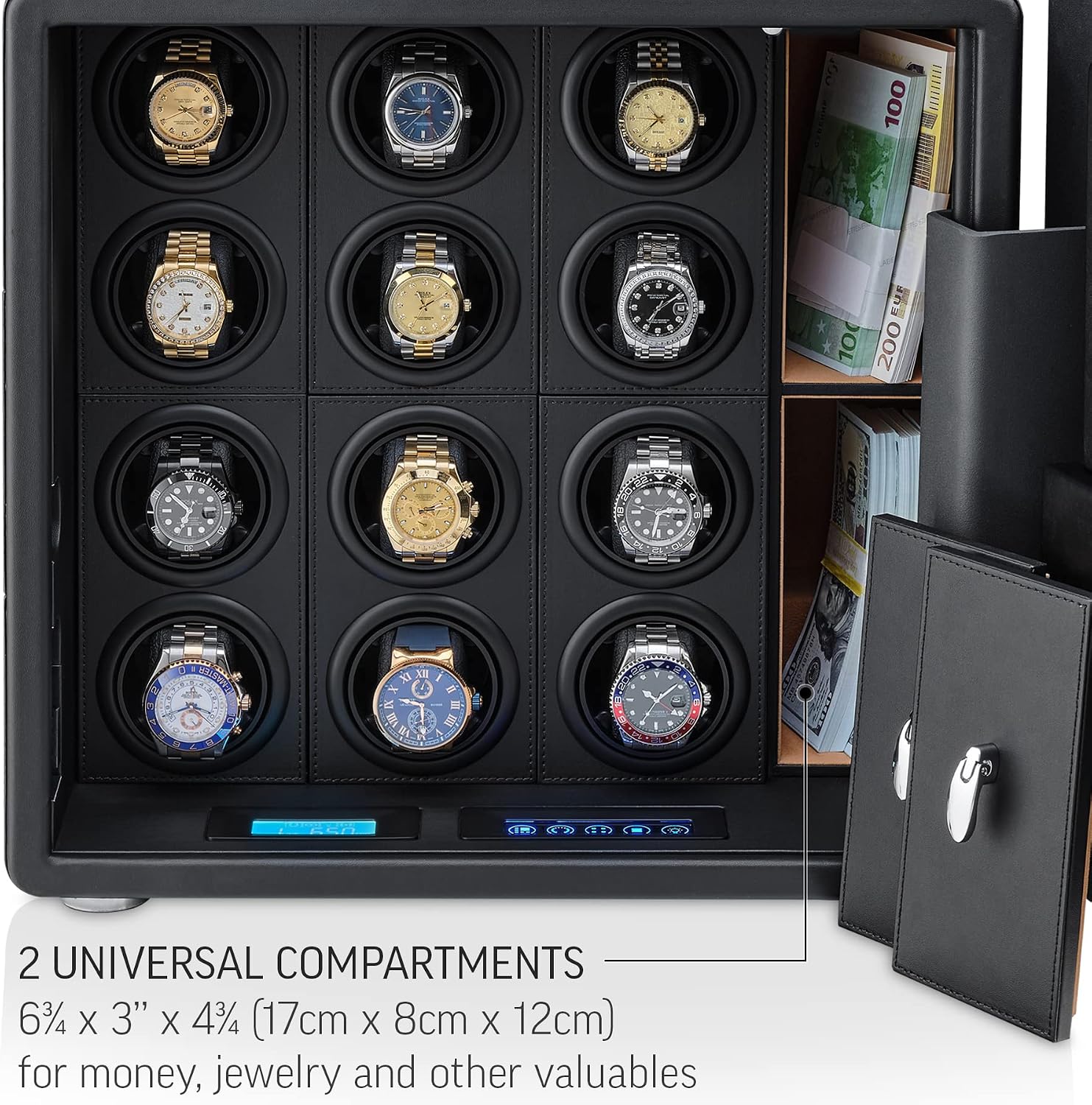 12 Watch Winder with Fingerprint Lock, Interior Light, Alarm System and 2 Storage Compartments