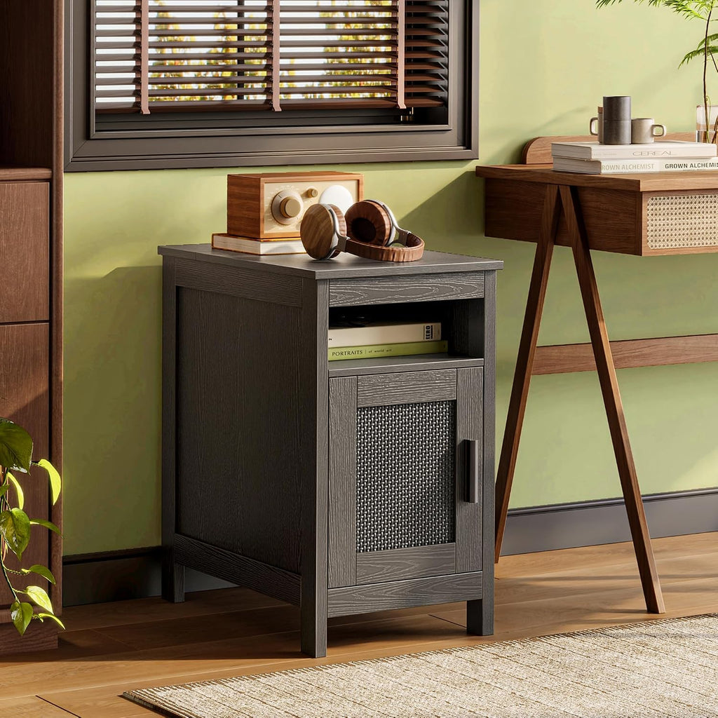 Huuger Narrow Night Stand Set of 2, End Table with Charging Station, USB-C Port, Rattan Side Table with Cabinet and Open Shelf, Synthetic Rattan, for Small Spaces, Bedroom, Black