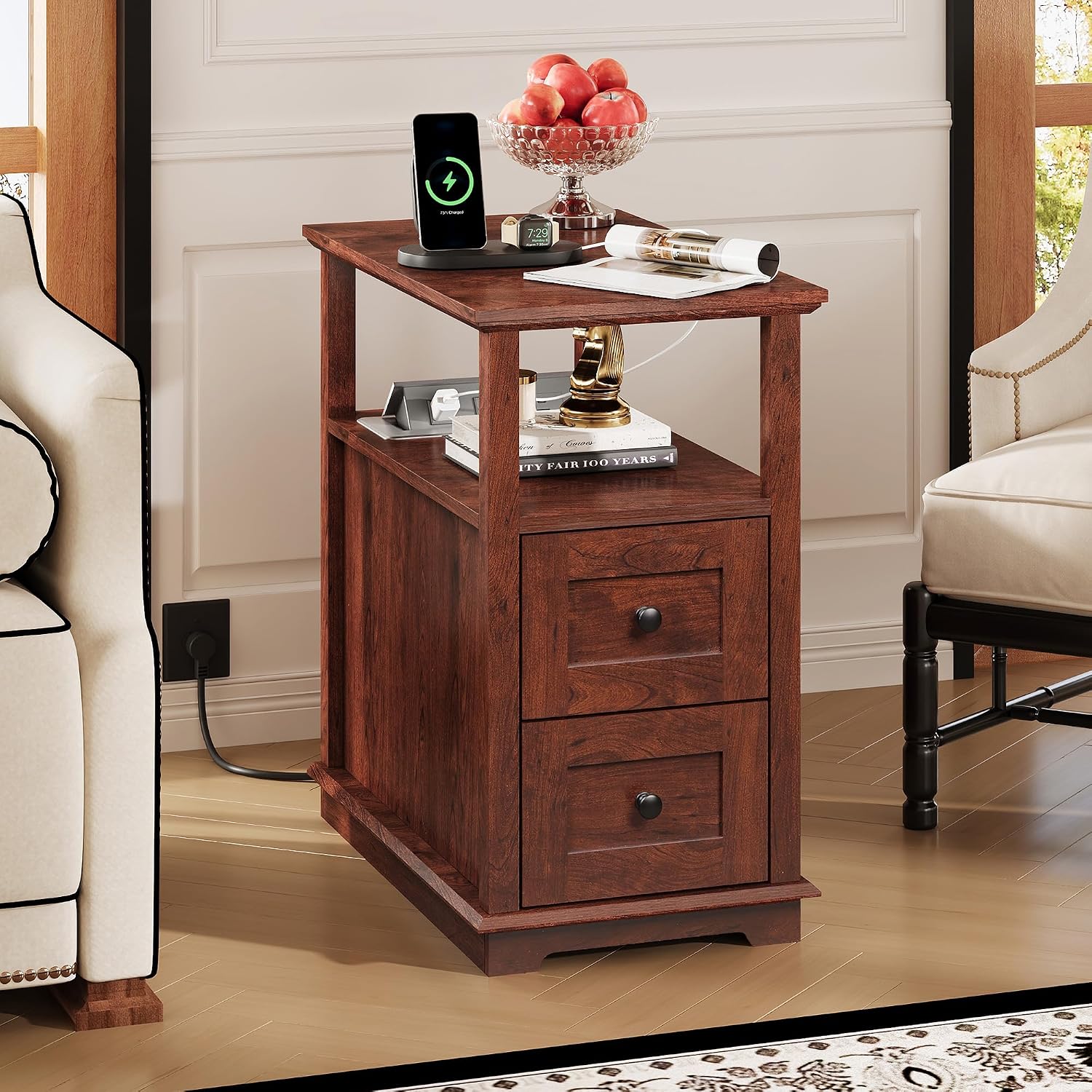 WLIVE Narrow Side Table with Charging Station, Wooden End Table with 2 Drawers, End Tables Living Room, Bedroom, Small Space, Antique Cherry