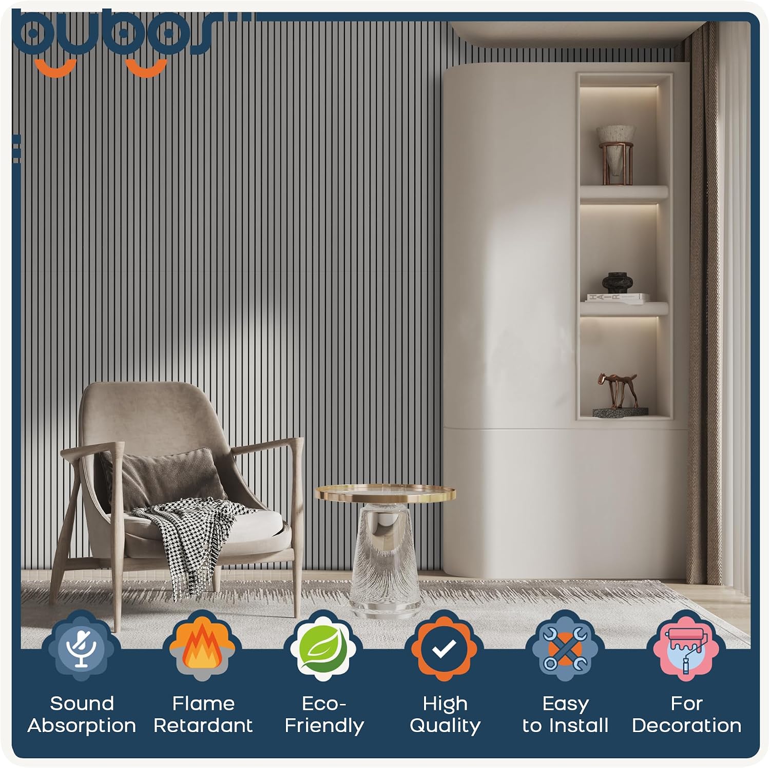 BUBOS 10 Pack Large Acoustic Panels, 48'X 12'X 0.4' Sound Proof Panels for Walls,Decorative Self-Adhesive Acoustical Wall Panels,3D Slat Sound Panels for Home Office Studio (White 01)