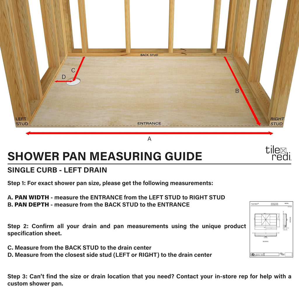 Tile Redi RT3660L-PVC-SQPC Shower Pan with Left Drain- Single Curb Shower Base, 2' PVC Drain, and Grate Included, 60' Width x 36' Depth