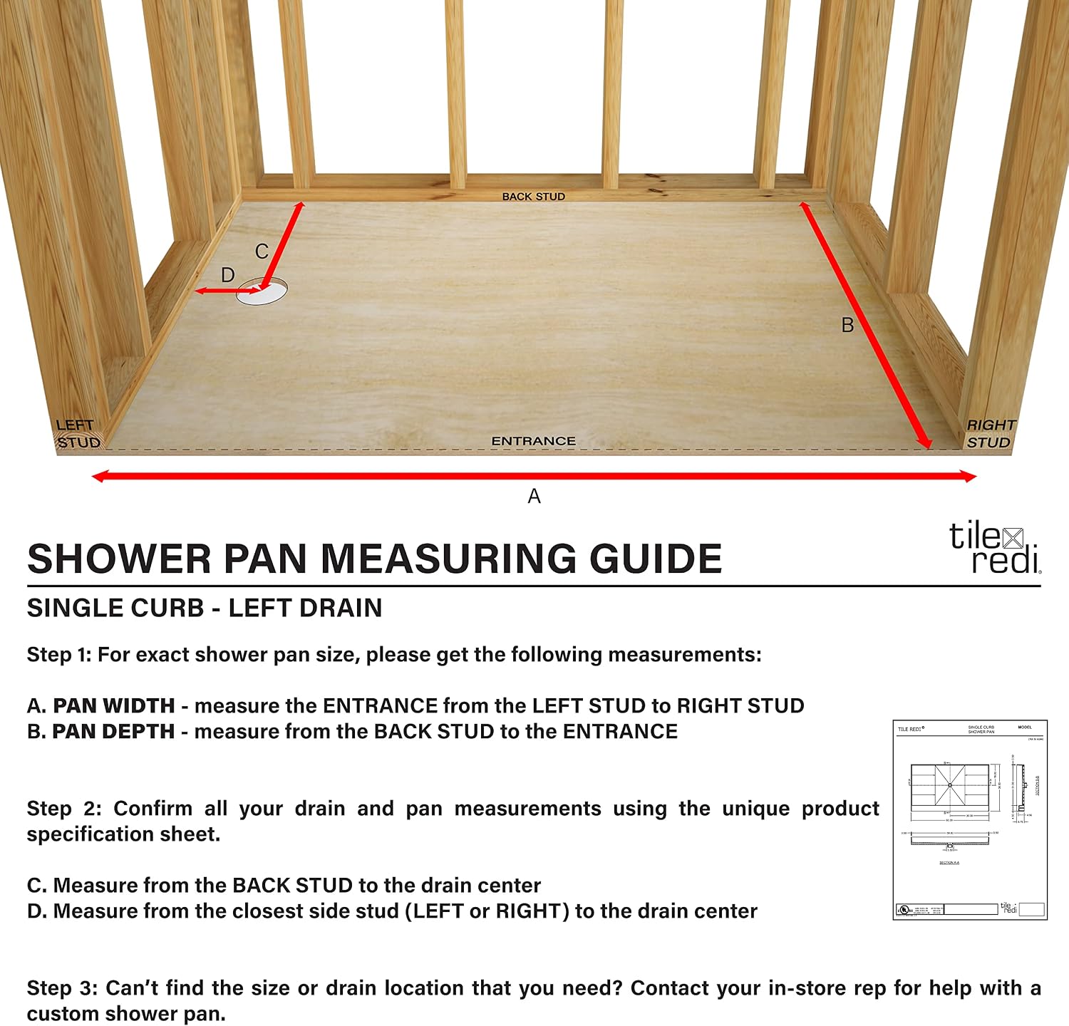 Tile Redi RT3660L-PVC-SQPC Shower Pan with Left Drain- Single Curb Shower Base, 2' PVC Drain, and Grate Included, 60' Width x 36' Depth