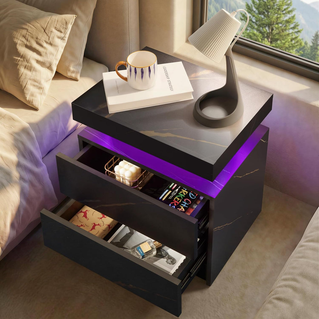 i-aplus LED Nightstand LED Bedside Table with 2 Drawers, Wooden Cabinet Unit with LED Lights for Bedroom, End Table Side Table for Bedroom Living Room…