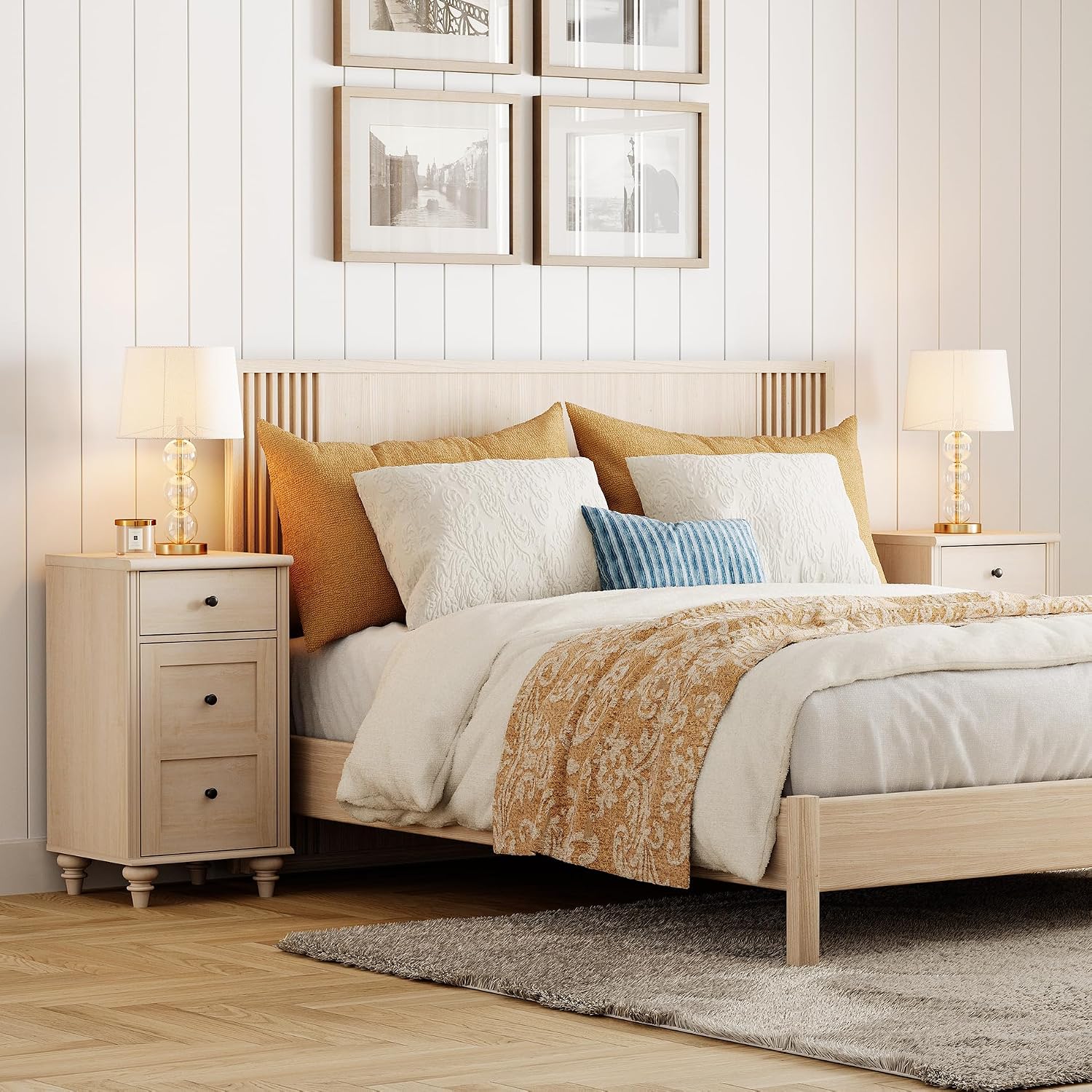 WAMPAT Set of 2 Wooden End Tables with Drawer and Storage Cabinet, Nightstands with Charging Station, Modern Farmhouse Living Room Side Tables, Light Oak Bedside Table for Bedroom