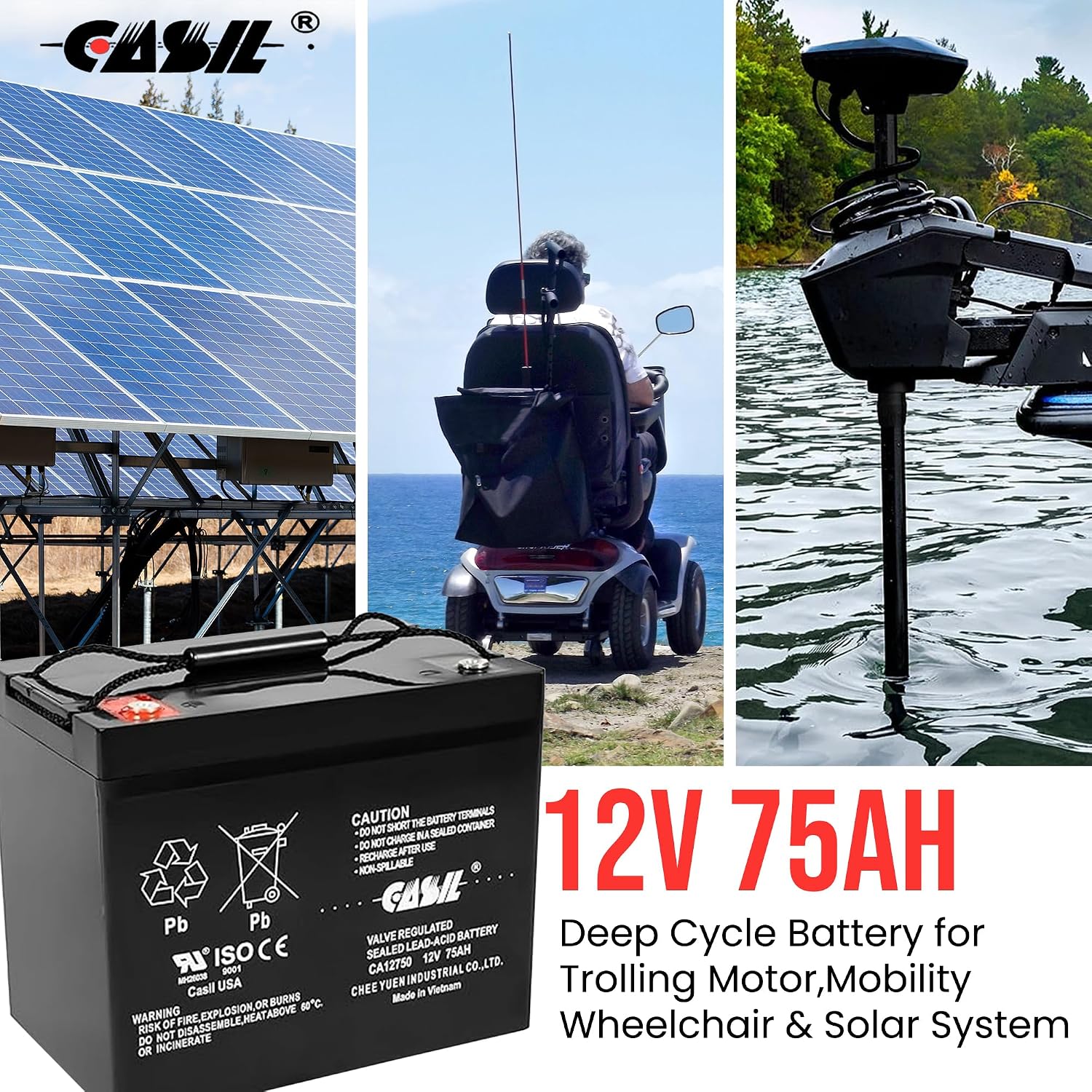Casil 12V 75Ah Deep Cycle AGM Battery | Compatible with Wayne ESP25 WSS30V Backup Sump Pump | Solar, Trolling Motor, Mobility & General Use