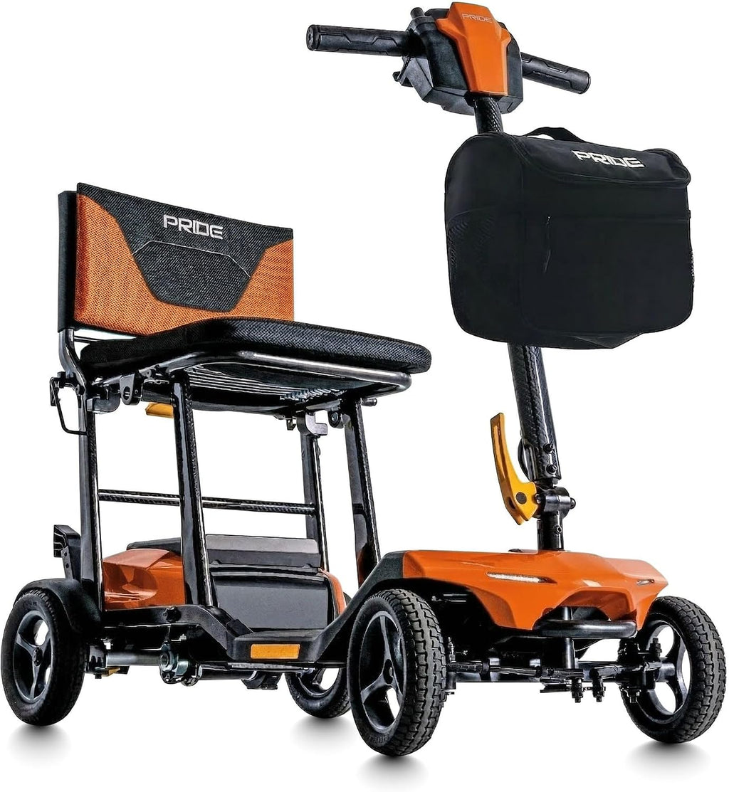 Pride Mobility Go-Go Super Portable 4-Wheel Folding Travel Mobility Scooter – 300 lbs Capacity, 4.5 mph, Airline-Approved Lithium Battery – for Seniors, Adults – Lightweight & Compact (Orange)