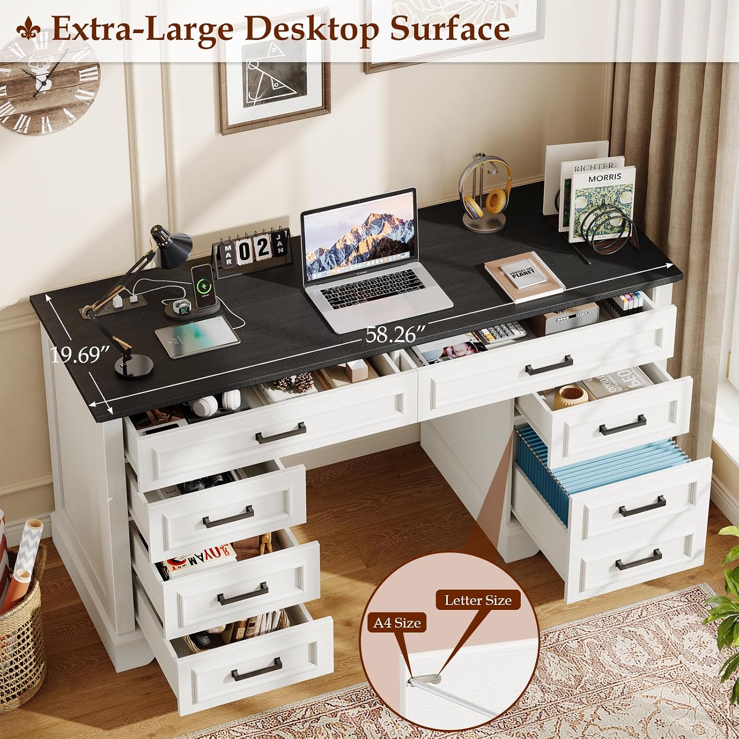 58' Executive Desk with 7 Drawers, Large Computer Desk with Charging Station , Wood Home Office Desk with File Drawer for Letter/A4 Size Hanging Files for Home Office,Rustic White and Rustic Black