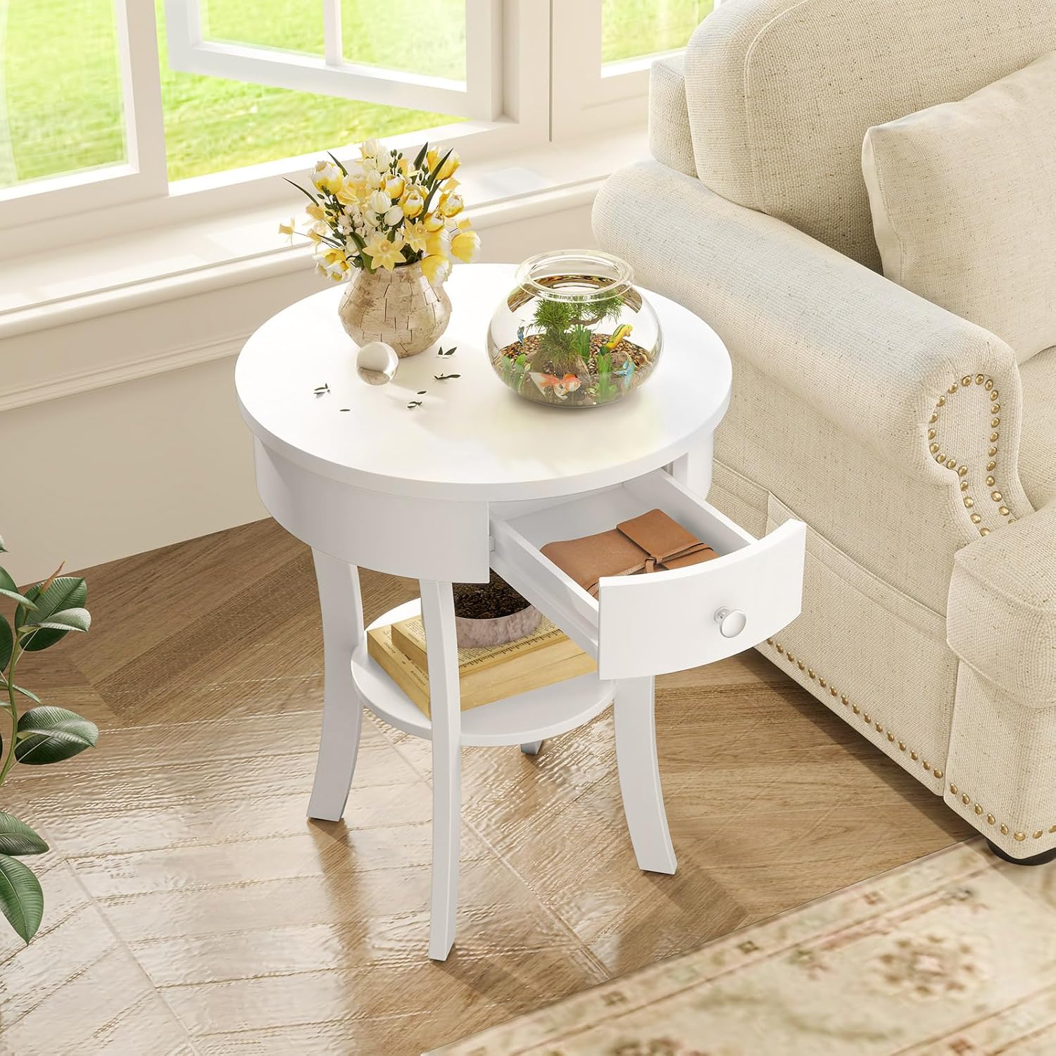 GOFLAME Round End Table with Drawer Set of 2, Sofa Side Table with Solid Wood Legs, Open Storage Shelf, Vintage Accent Table, Display Table, 2-Tier Compact Nightstand for Living Room, White