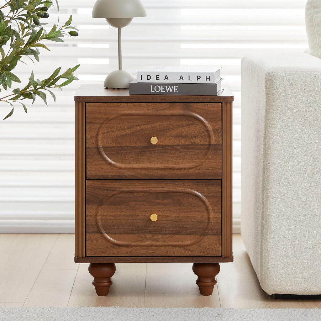 2 Drawer Fluted Nightstand Set of 2, Mid Century Modern Farmhouse Night Stand Small End Table Bedside Table for Bedroom, Living Room, Walnut