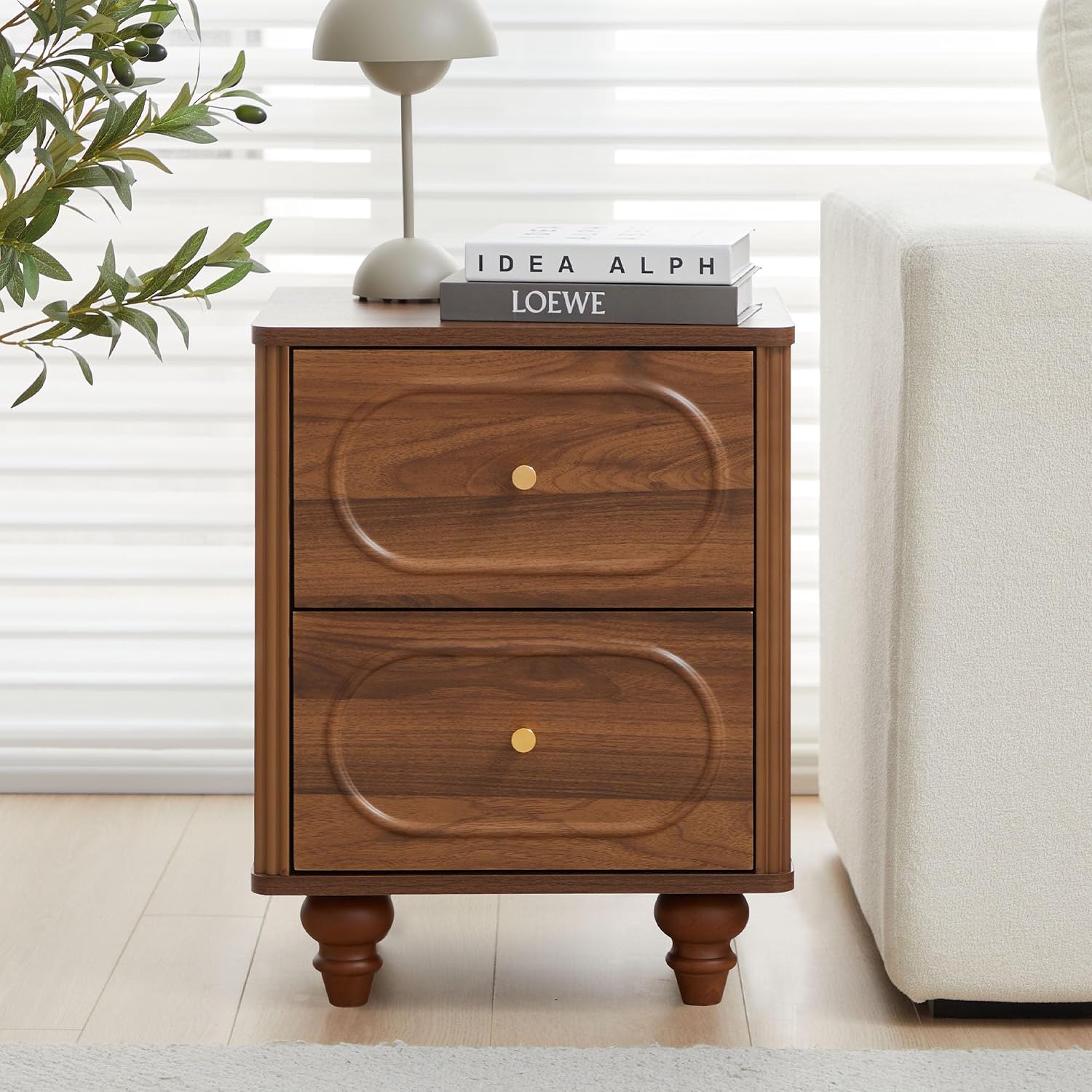 2 Drawer Fluted Nightstand Set of 2, Mid Century Modern Farmhouse Night Stand Small End Table Bedside Table for Bedroom, Living Room, Walnut