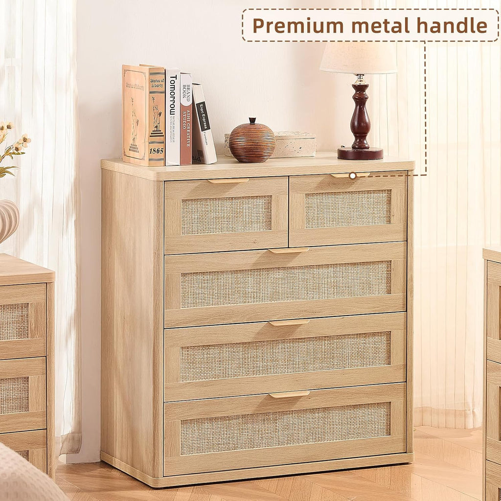 LEYAOYAO Rattan Dresser for Bedroom Set of 2, 33.5' Tall Chest of Drawers, Modern 5 Drawers Boho Dressers with Storage, Light Oak Dresser Wooden Closet Organizer for Living Room, Hallway, Natural Wood