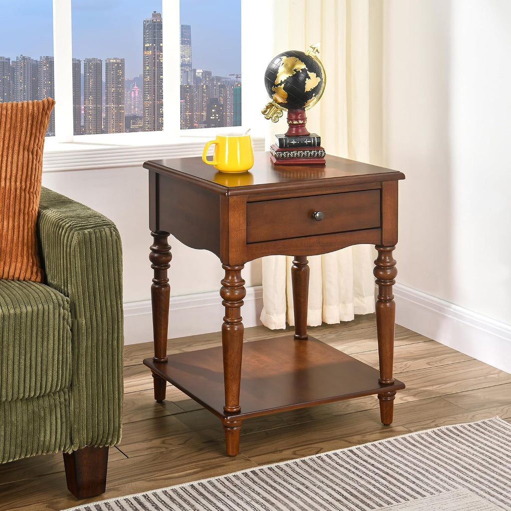 PADMA HOUSE Solid Wood Small End Table with Drawer, Vintage Square Sofa Side Table with Natural Wood Grain Tabletop, Apartment Beside Table with Storage Shelf for Living Room, 18.9 * 24in