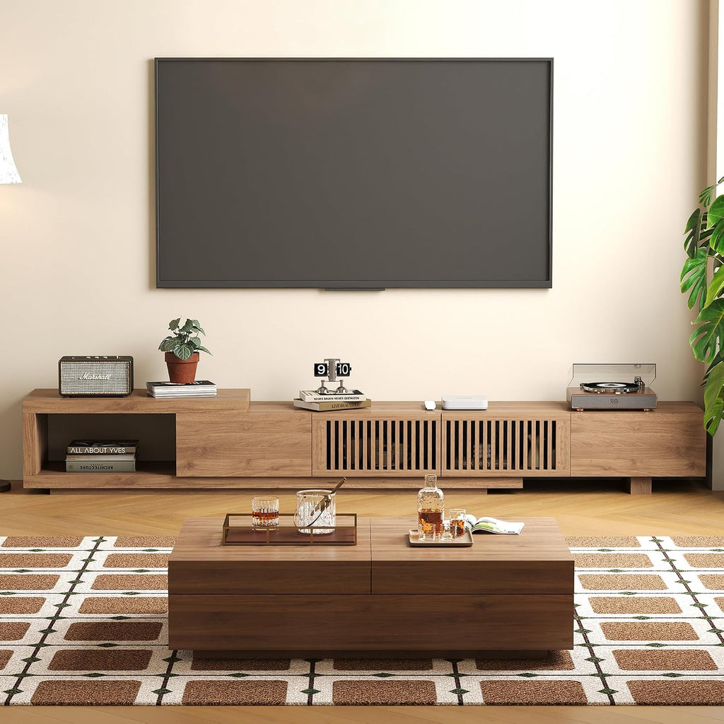 Mid-Century Modern Expandable Coffee Table & TV Stand Set, Walnut Finish – Elegant Storage Combo for Living Room, Bedroom, or Lounge (78.54' to 103' TV Stand+Coffee Table)