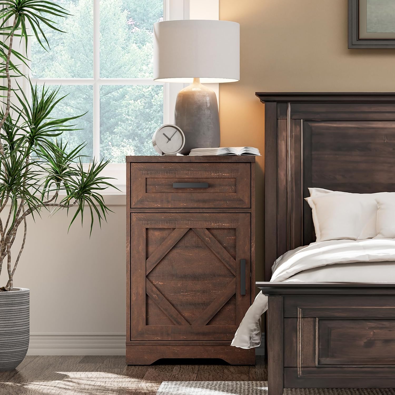 WAMPAT 2 Pack End Table with 1 Drawer & Barn Door, Farmhouse Sofa Side Table, Modern 31.9 inch Tall Nightstand Set of 2 with Adjustable Storage Shelf, Accent Cabinet for Living Room,Rustic Brown