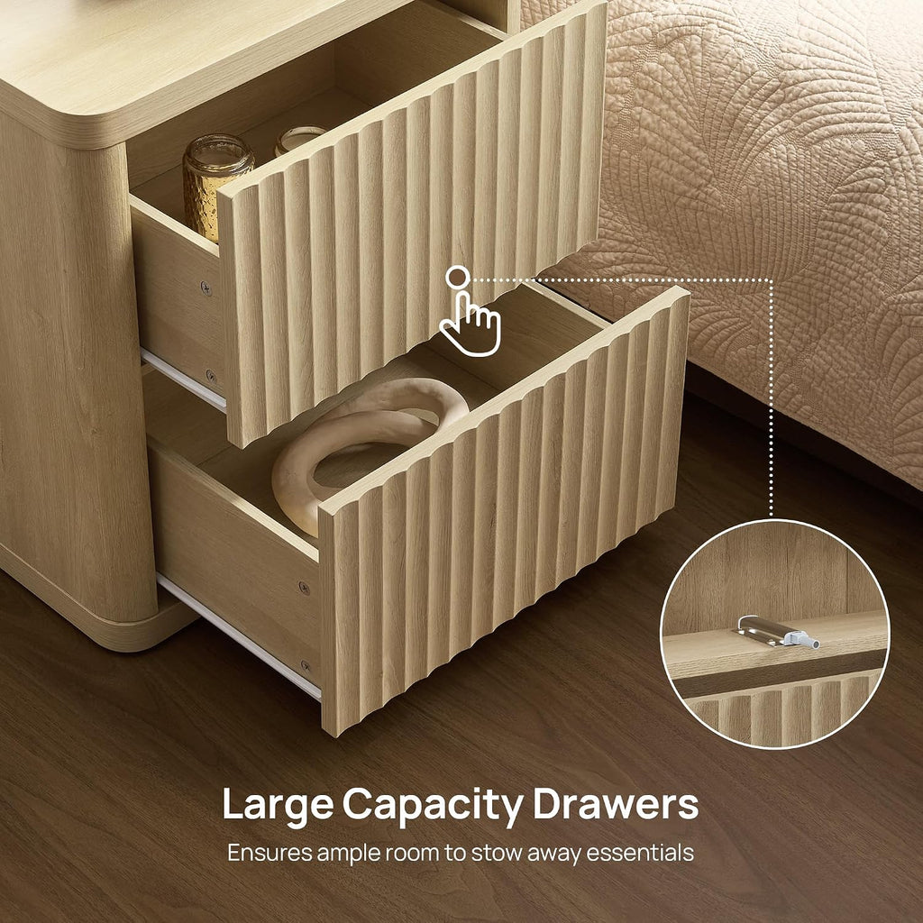 SICOTAS Night Stand Set of 2 Nightstands with 2 Drawers Storage Bedside Table Large Fluted Bed Side End Table Modern 24.4' Tall Wide Night Stands for Bedroom Living Room Sofa Couch Office, Coastal Oak