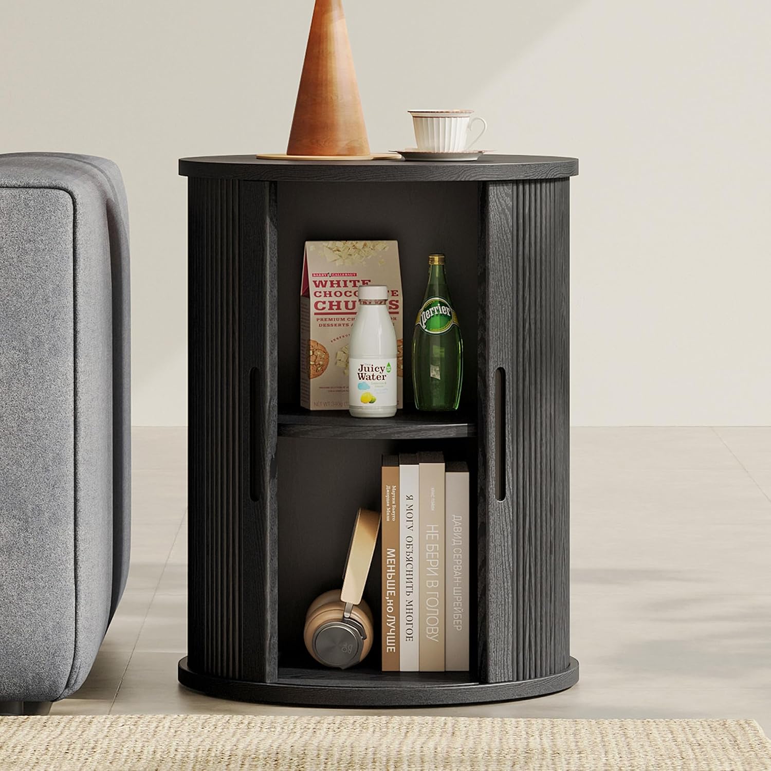 LINSY HOME Round Fluted End Table, Tall Side Table with Sliding Tambour Door and Storage Shelf, Mid Century Modern Nightstand for Living Room, Bedroom, Black