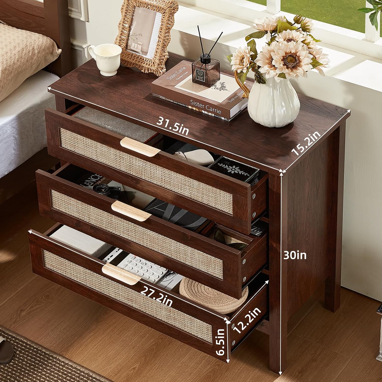 LEYAOYAO 31.5' Wide Rattan Night Stand, Large Boho Nightstand, Bedside Table with Storage, Tall Bed Side End Tables, Chest of Drawers for Bedroom, Living Room, Hallway（Walnut,3 Drawers,2）