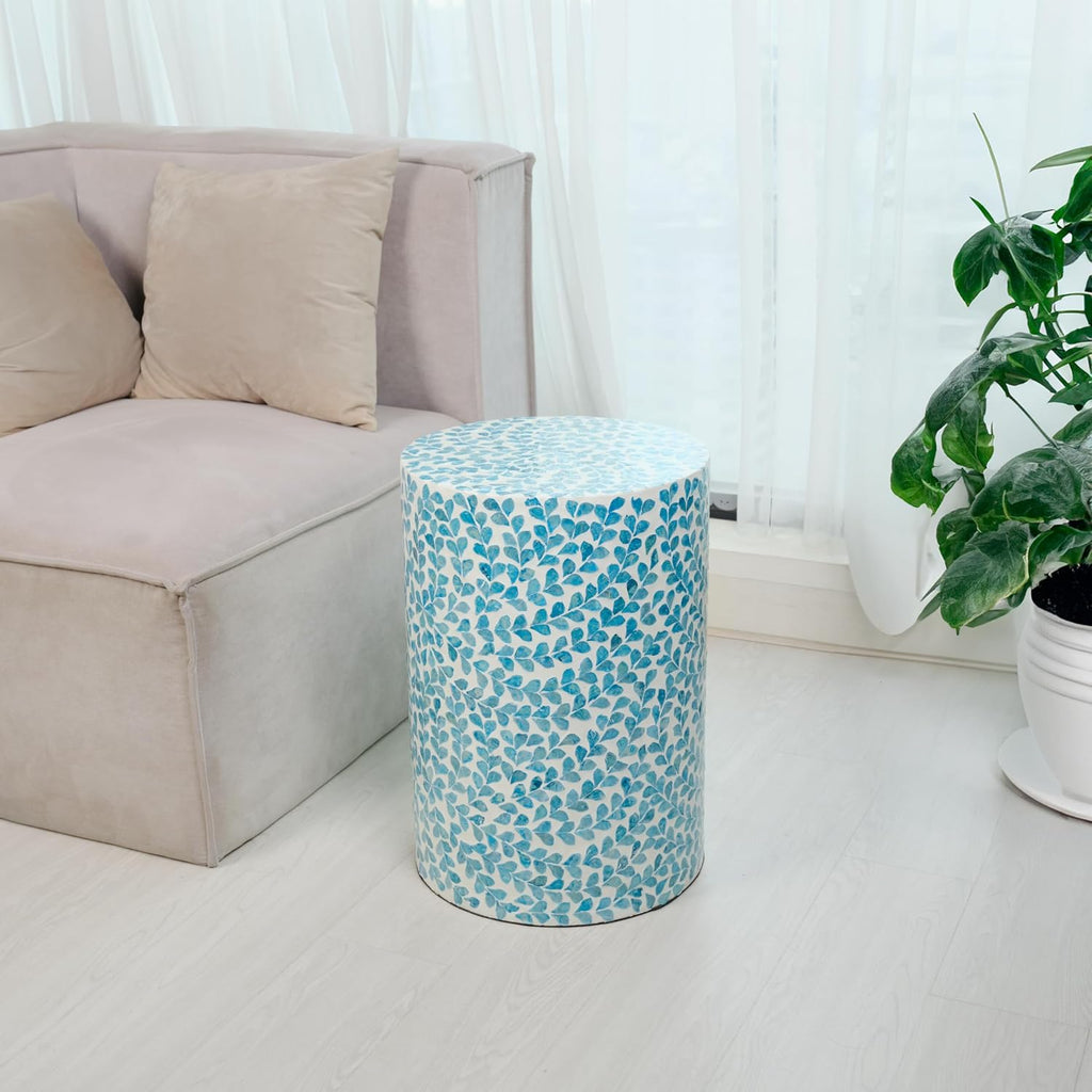 PEMAR Mother of Pearl Inlaid Cylinder Drum End Table Nacre Capiz Shell Side Table Stool Drum Accent Table Coffee Bedside Side Table Round Nightstand and Vanity Stool (Teal Floral)