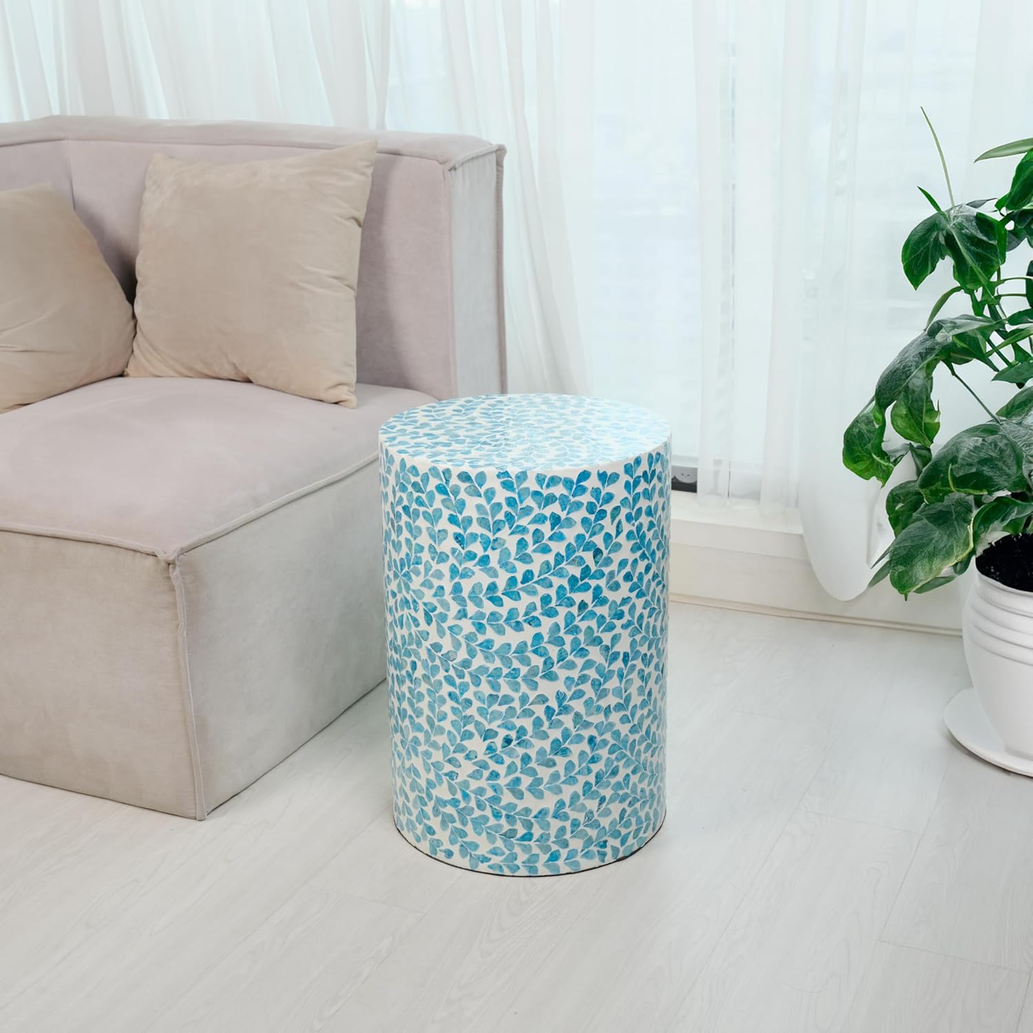 PEMAR Mother of Pearl Inlaid Cylinder Drum End Table Nacre Capiz Shell Side Table Stool Drum Accent Table Coffee Bedside Side Table Round Nightstand and Vanity Stool (Teal Floral)