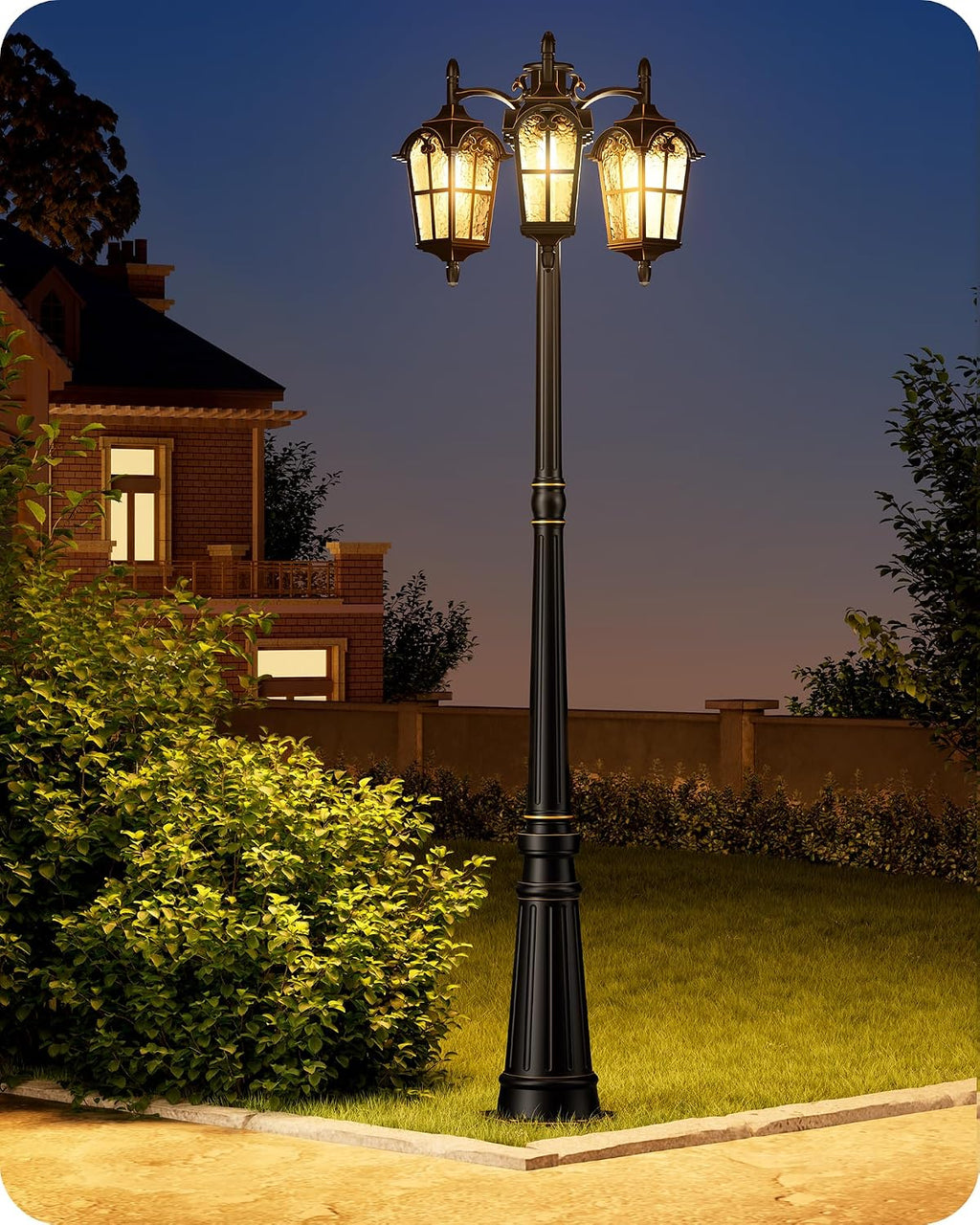 EDISHINE Outdoor Lamp Post Light 3-Head, Thickened Aluminum Dusk to Dawn Street Light Post with Water Ripple Glass, Retro Roman Pole Lighting Fixture for Backyard Garden Patio Driveway