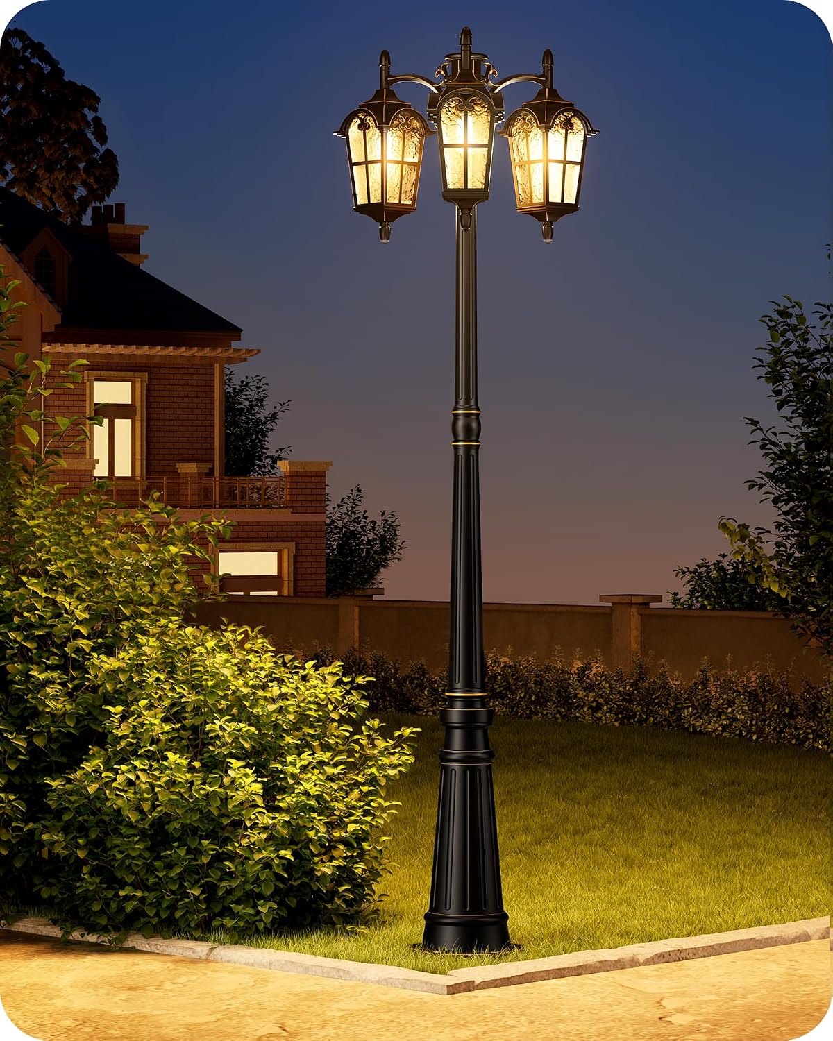 EDISHINE Outdoor Lamp Post Light 3-Head, Thickened Aluminum Dusk to Dawn Street Light Post with Water Ripple Glass, Retro Roman Pole Lighting Fixture for Backyard Garden Patio Driveway