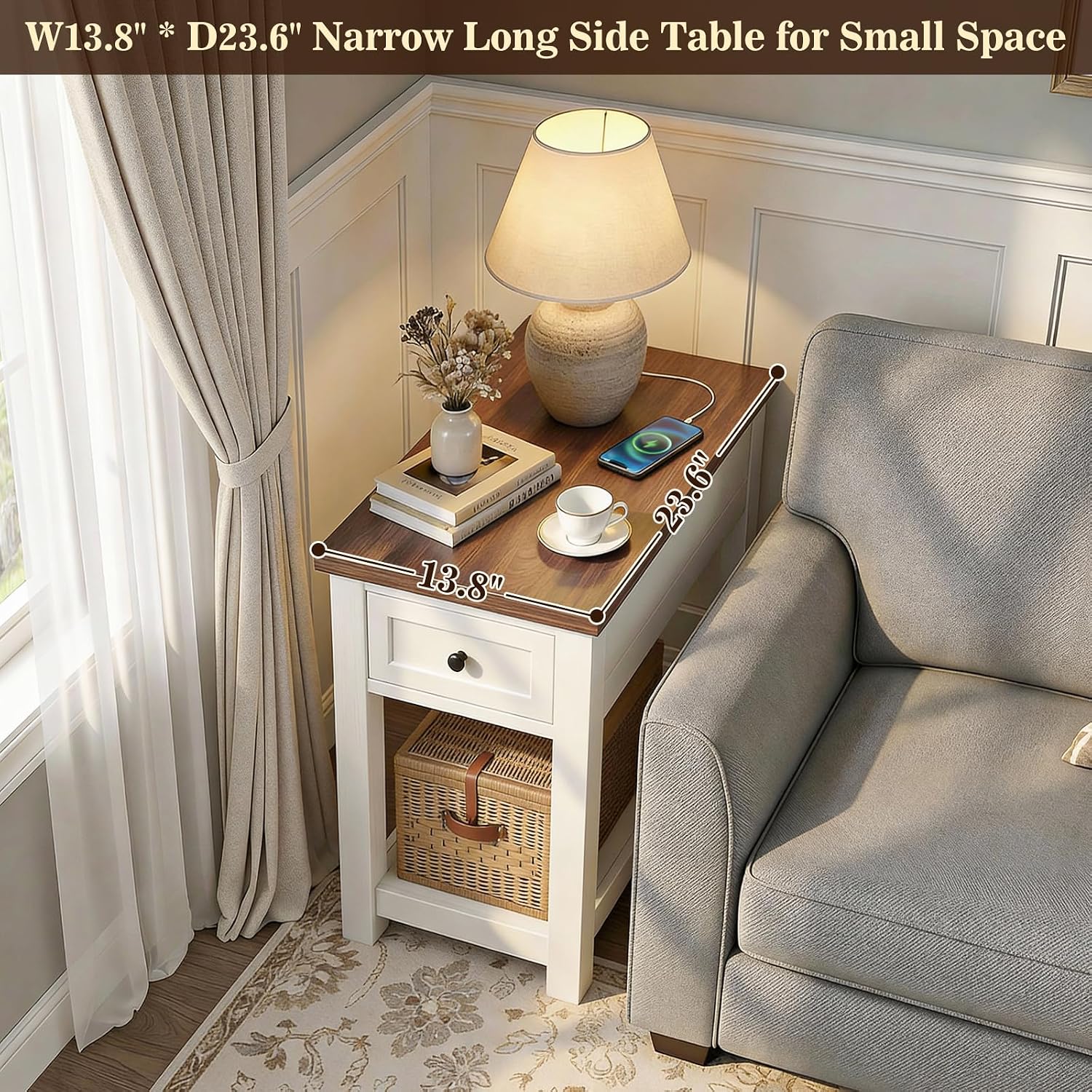 Narrow End Table Set of 2 with Charging Station - Farmhouse Side Tables with Drawer, 14' Wood Nightstands Set of 2 for Bedroom Living Room, Slim Couch Bedside Table Small Spaces, Antique White & Brown