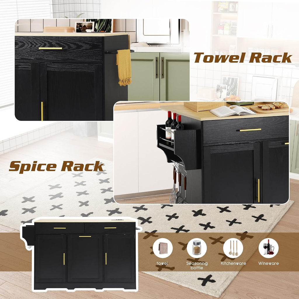 60' Kitchen Island with Power Outlet & Drop Leaf, Rolling Kitchen Island Table Cart w/Trash Can Storage Cabinet, Mobile Kitchen Cabinet on Wheels w/Drawers, Spice Rack, Towel Bar, Hooks (Black)