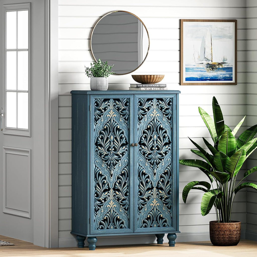 JOINICE 47' Tall Accent Cabinet with Navy Blue Mandala Carved Doors, Solid Wood Legs Storage Cabinet with 100 lbs Capacity, Boho Farmhouse Sideboard Buffet for Entryway, Living Room & Coffee Bar