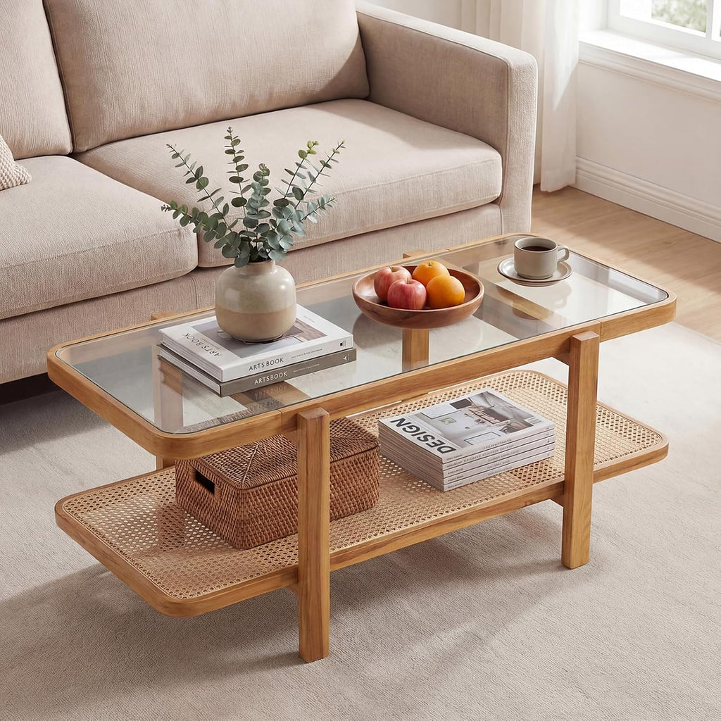GOFLAME Rattan Coffee Table, 47.5' Solid Wood Center Table with Tempered Glass Top & Rattan Storage Shelf, Rectangular, Farmhouse, Boho, 2-Tier Mid Century Modern Tea Table for Living Room (Oak)