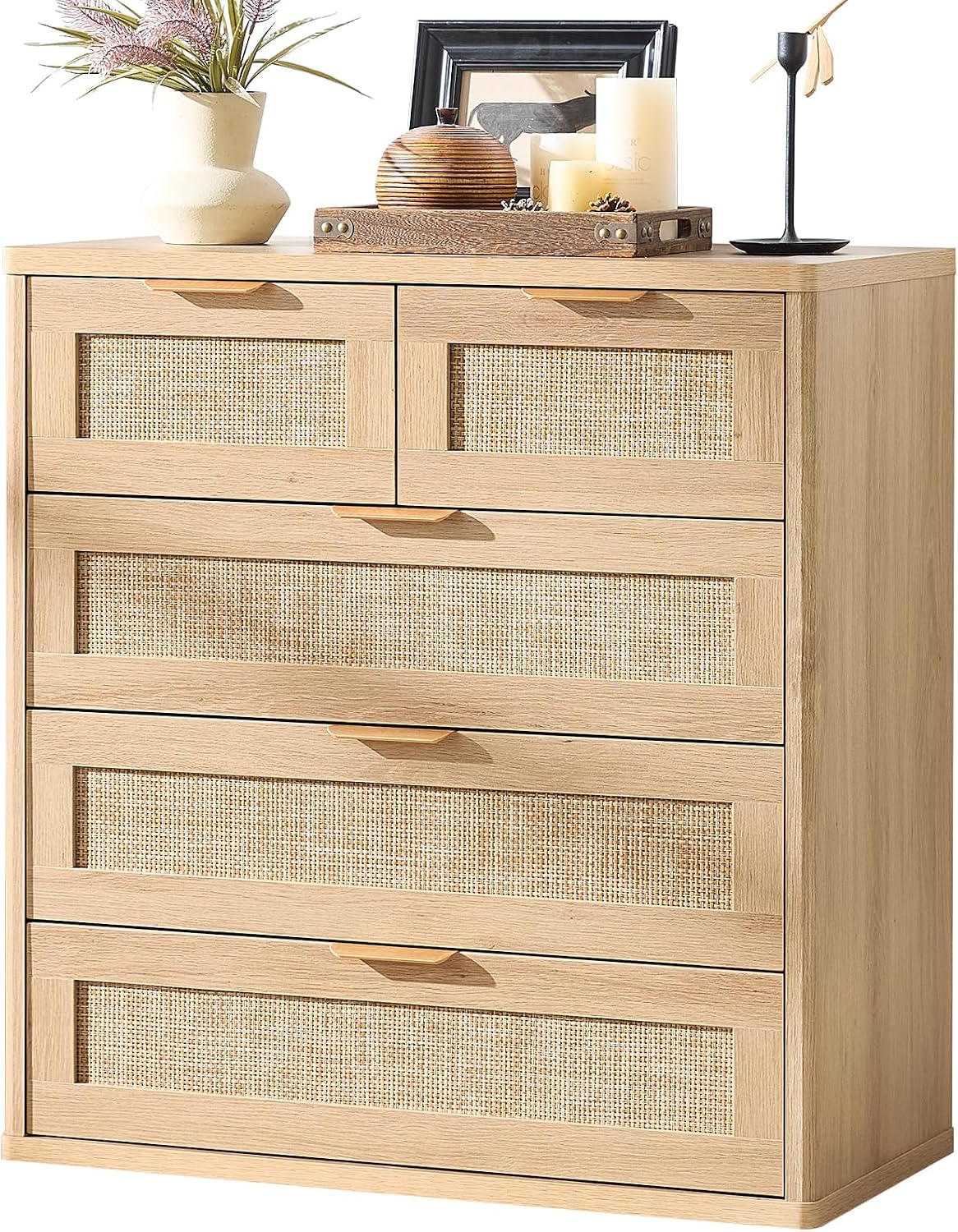 LEYAOYAO Rattan Dresser for Bedroom Set of 2, 33.5' Tall Chest of Drawers, Modern 5 Drawers Boho Dressers with Storage, Light Oak Dresser Wooden Closet Organizer for Living Room, Hallway, Natural Wood