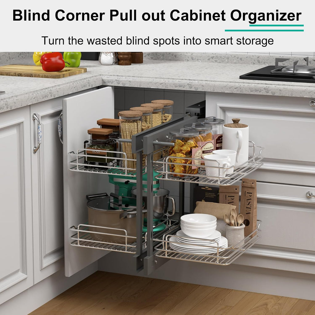 Blind Corner Cabinet Pull Out 2 Tier 4 Shelves Magic Corner Kitchen Cabinet Pull Out Shelf Organzier Soft Close Bottom Mount Min Opening 15in，Metal