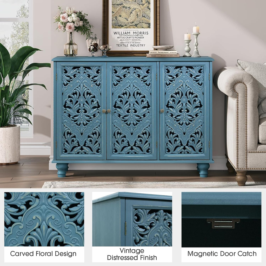 JOINICE Accent Cabinet with 3 Carved Doors, Distressed Blue Sideboard Buffet with Storage & Solid Wood Legs, 43' Vintage Console Table for Living Room, Entryway, Coffee Bar, Hallway