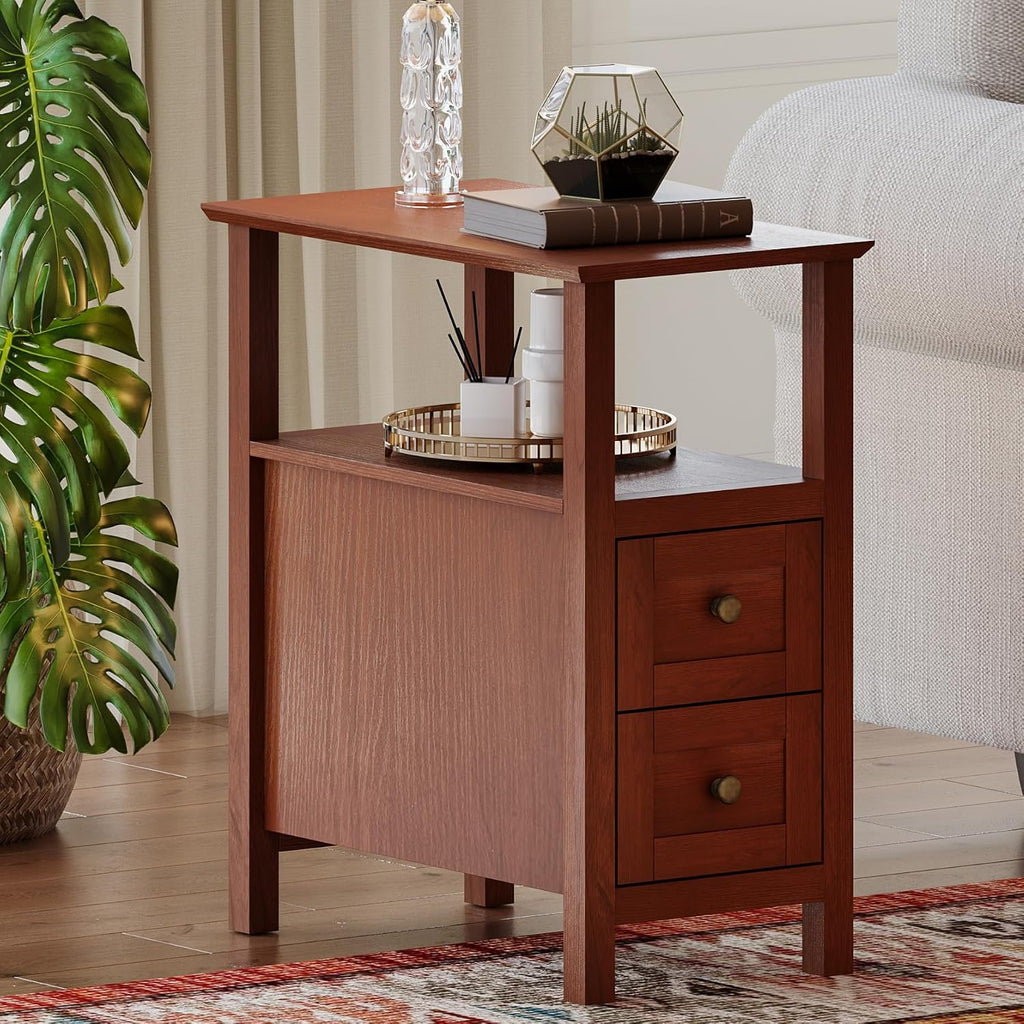 ChooChoo End Tables Living Room Set of 2, 3-Tier Narrow Nightstand with with 2 Drawers, Slim Bedside Tables for Living Room, Bedroom, Small Space, Cherry Brown