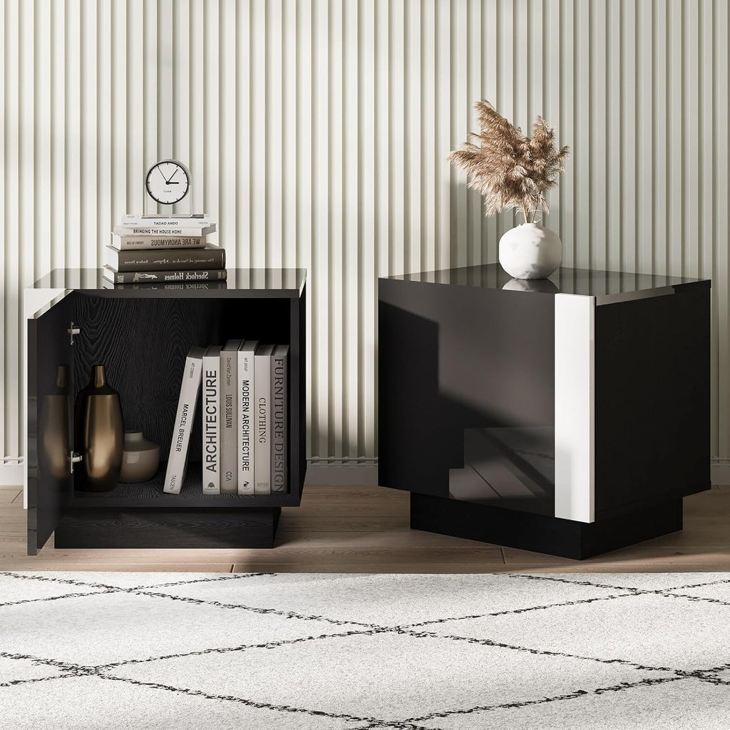AMERLIFE 2PCS Entertainment Center Side Table Set with Storage, Modern High Gloss End Tables with 2 Cabinet Doors, for Living Room/Bedroom/Office, Black