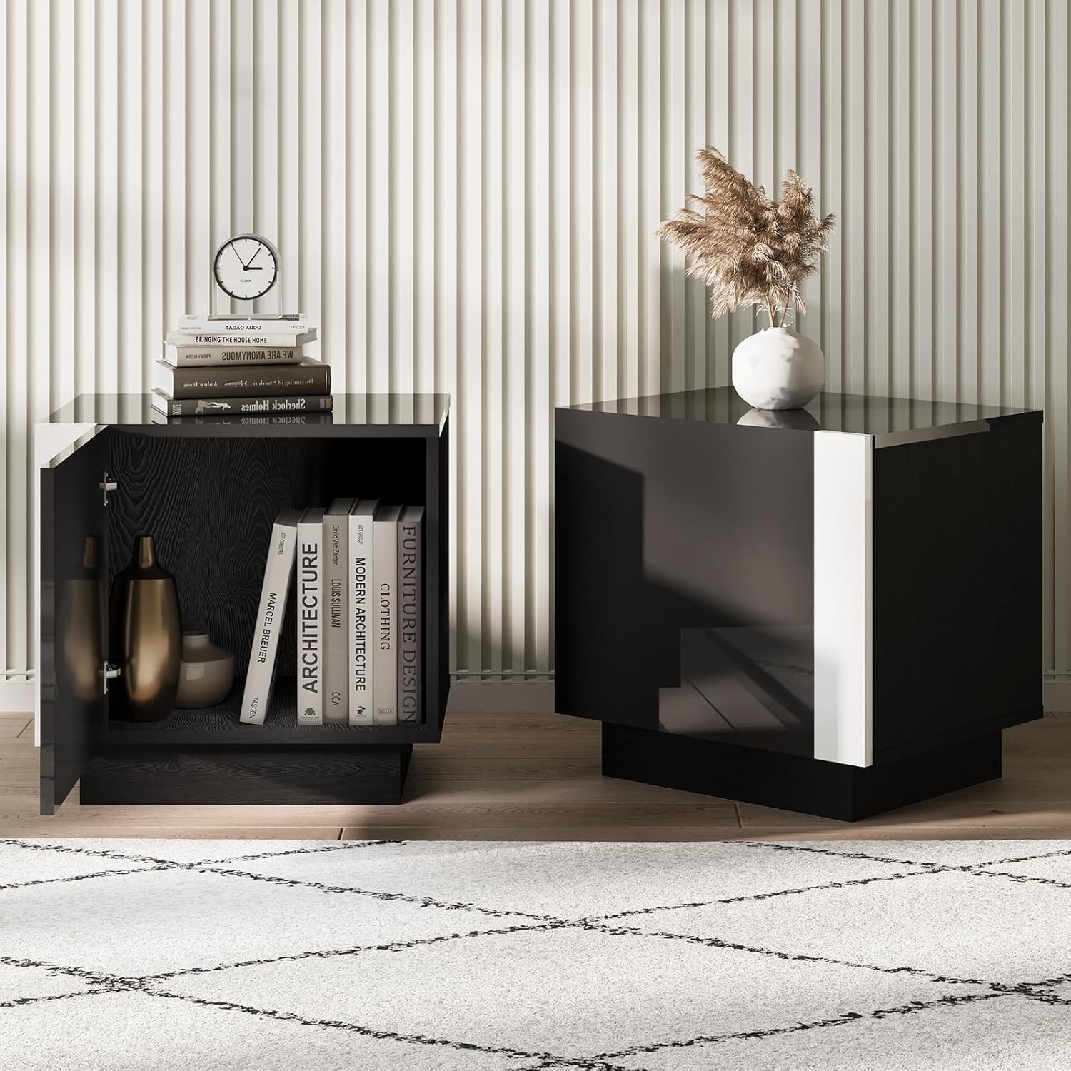 AMERLIFE 2PCS Entertainment Center Side Table Set with Storage, Modern High Gloss End Tables with 2 Cabinet Doors, for Living Room/Bedroom/Office, Black