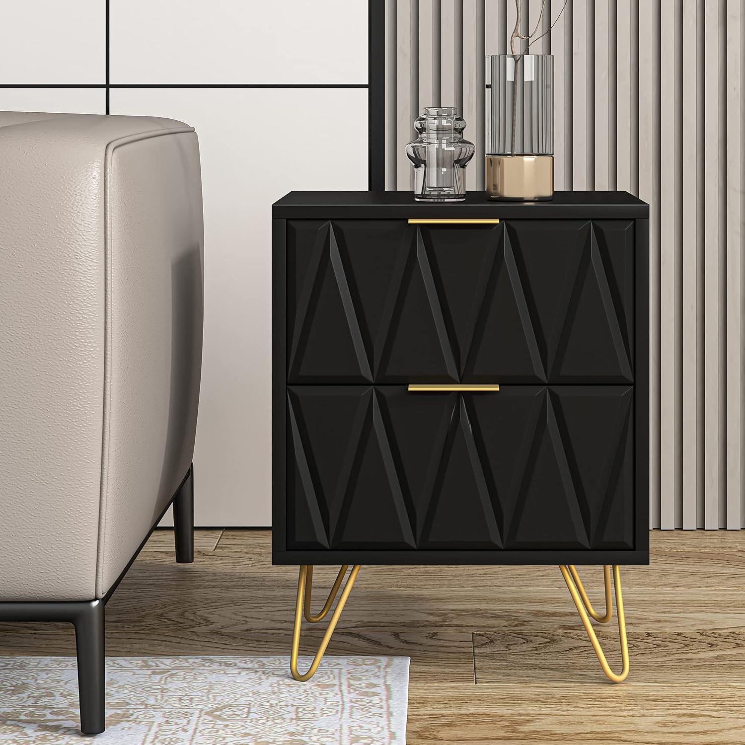 Spaco Black Nightstand Set of 2, Modern Bedside Tables Set of 2 with 2 Drawers for Bedroom, Night Stand with Gold Legs,End Side Tables for Living Room