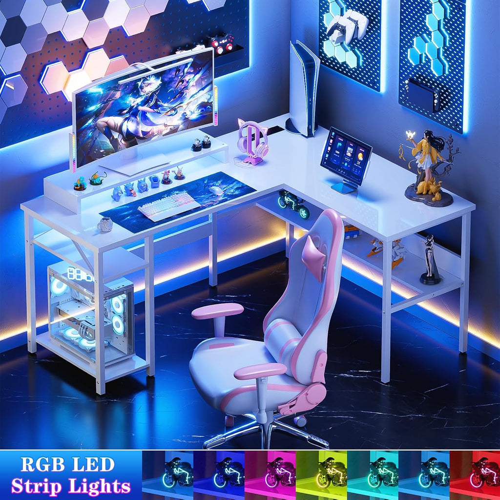 Unikito Reversible L Shaped Computer Desk with Power Outlets and Monitor Stand, Sturdy Corner Desk with RGB LED Light and Storage Shelves, Modern Work Desk for Home Office, Easy to Assemble, White