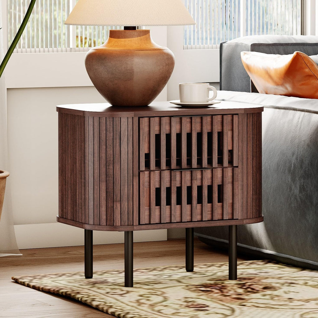 WAMPAT Set of 2 Fluted Nightstands, Modern Wooden End Tables with Drawer, Storage Bedside Table for Bedroom and Living Room