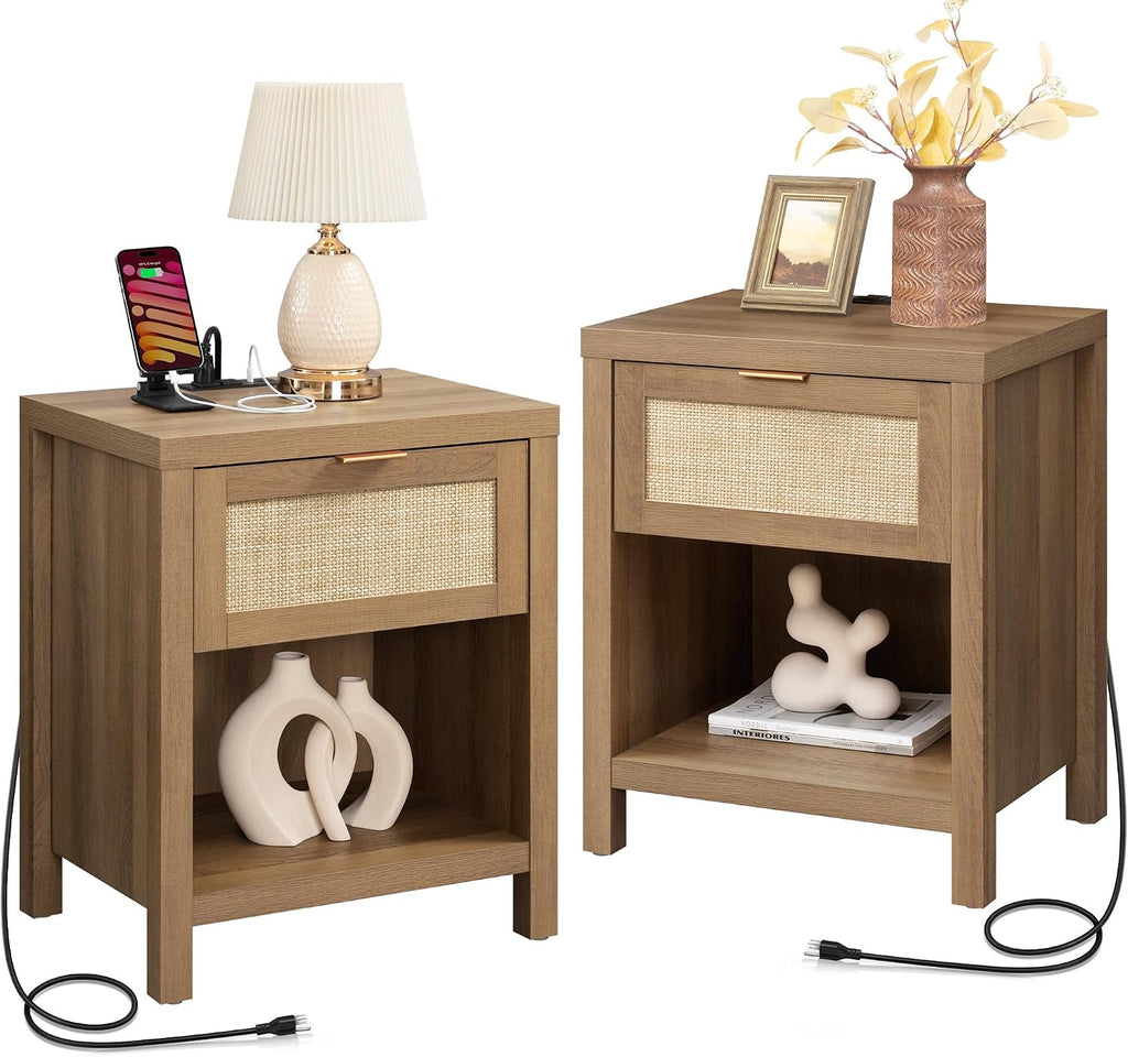SICOTAS Nightstands Set of 2 with Charging Station Rattan Night Stand with Drawer Boho Bedside Table with USB and Type-C Ports Bed Side Tables for Bedroom Small Space, Oak