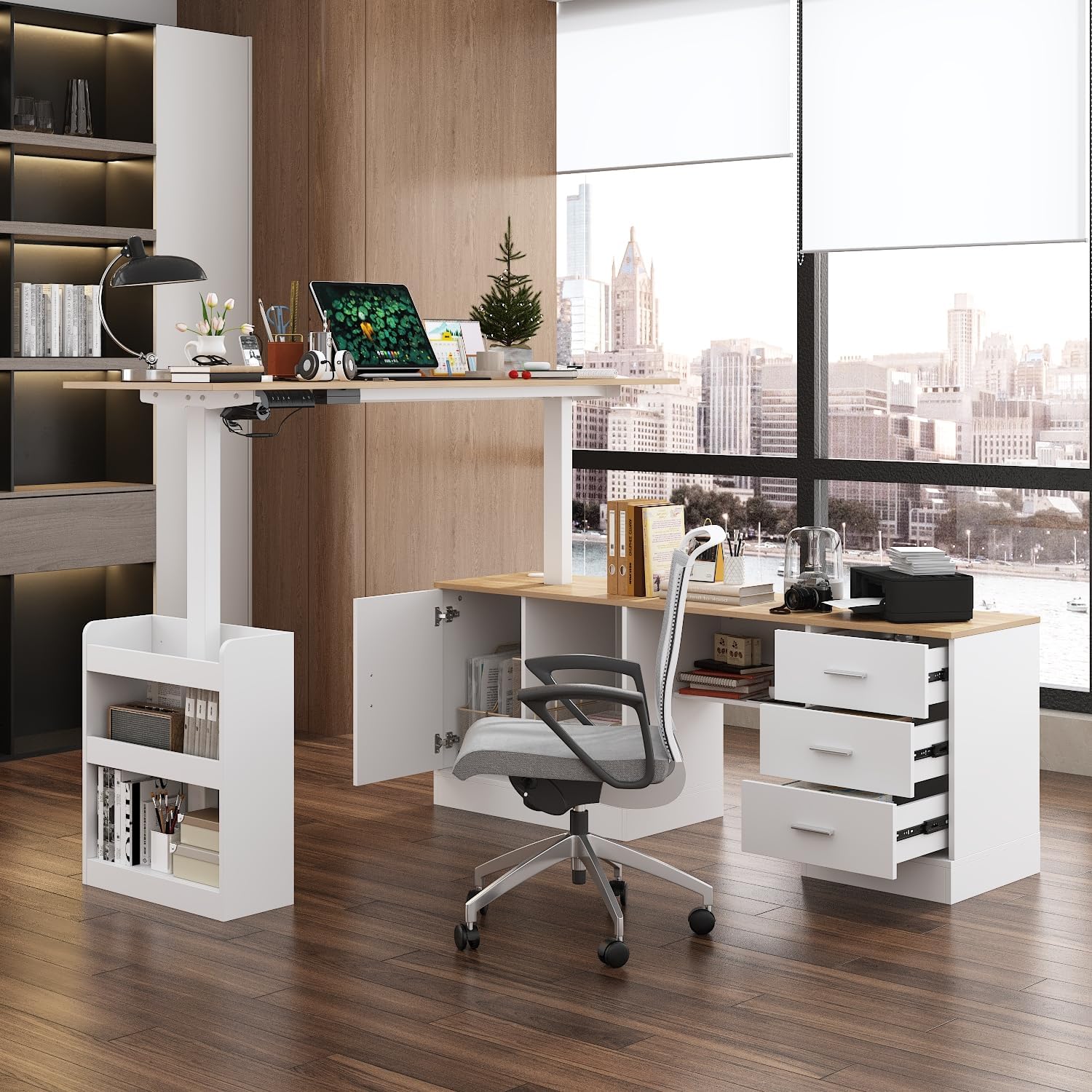 MOUMON L Shaped Standing Desk with Drawers and Shelves, Executive Adjustable Height Desk, L-Shaped Design, 63 inch Tabletop, for Office Oak and White (63'W x 63'D x 28.9-45.3'H)