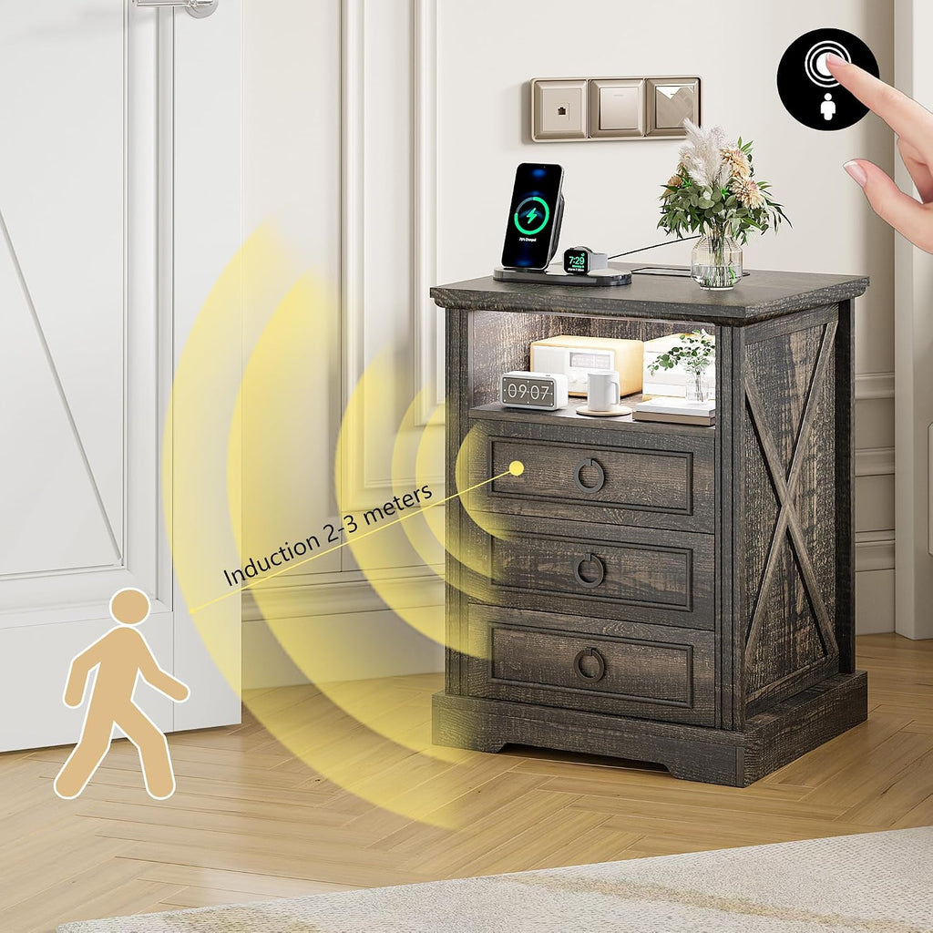 Nightstand Set 2 with Charging Station, Farmhouse End Side Table with 3 Drawers and Open Storage, Smart Bedside Table with LED Light & Human Sensor for Bedroom,Brown,Chest