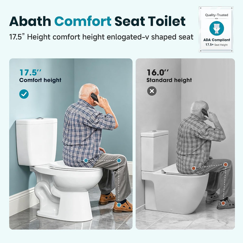 ABath 17.5' Tall Toilet Elongated with Soft Close Seat & 360° TSUNAMI Flush 0.9/1.27 GPF, WaterSense/1000g Map Certified, NANO CLEAN Ceramic, Two Piece Compact Toilets for Small Bathroom, 12' Rough in