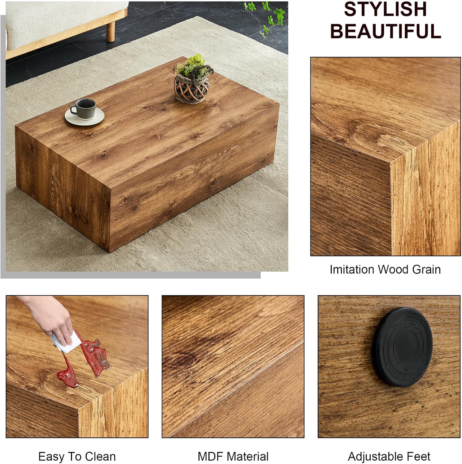 Rustic Brown Coffee Table for Living Room Rectangular Center Tables Modern Elegant Wooden Cocktail Table for Home Office -Fully Assembled