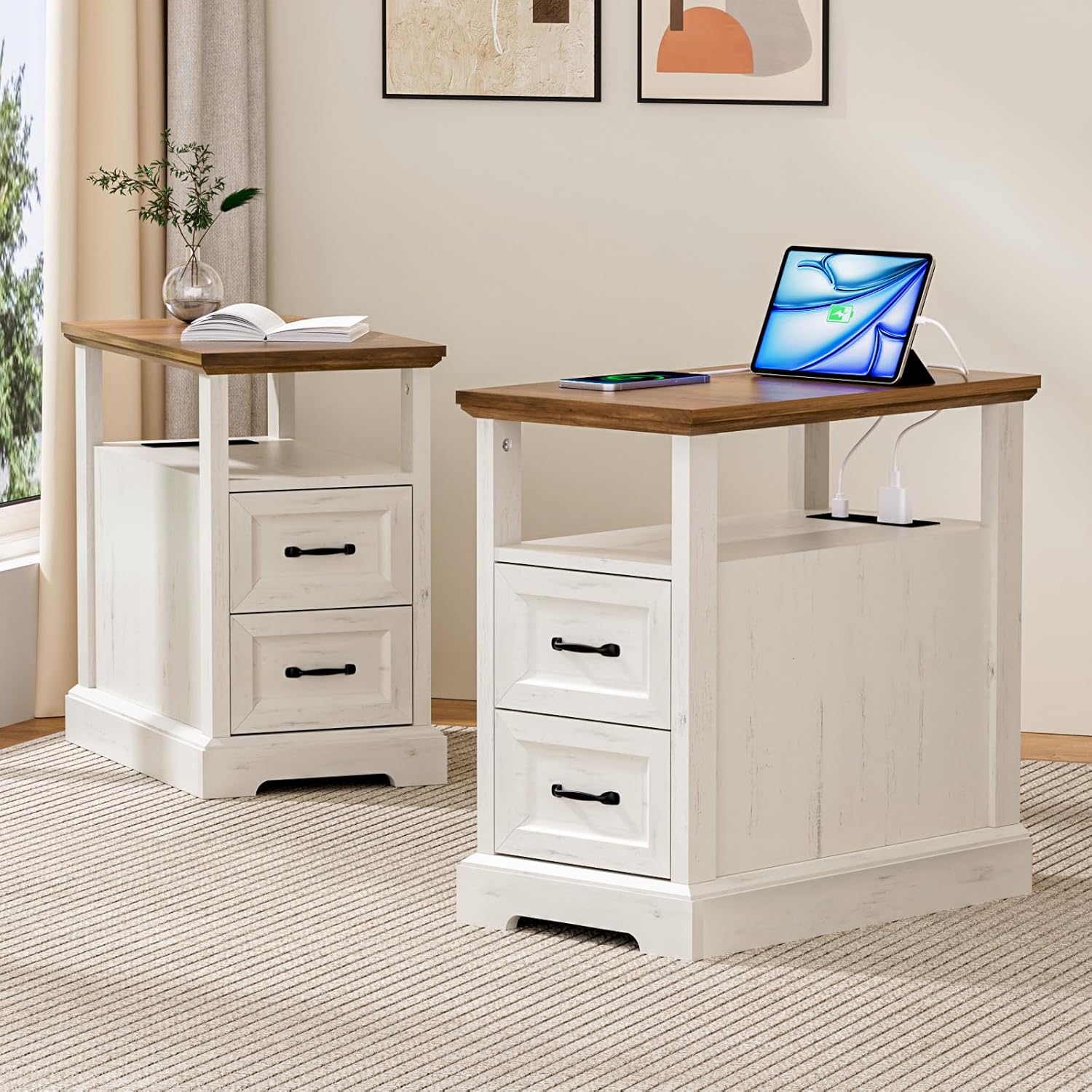 HOMMPA 23.6'' Farmhouse End Table with Charging Station Set of 2, Rustic Night Stand w/ 2 Drawers & Open Shelf, Wood Sofa Side Table Bedside Table for Living Room, Roman Column Design, Rustic White